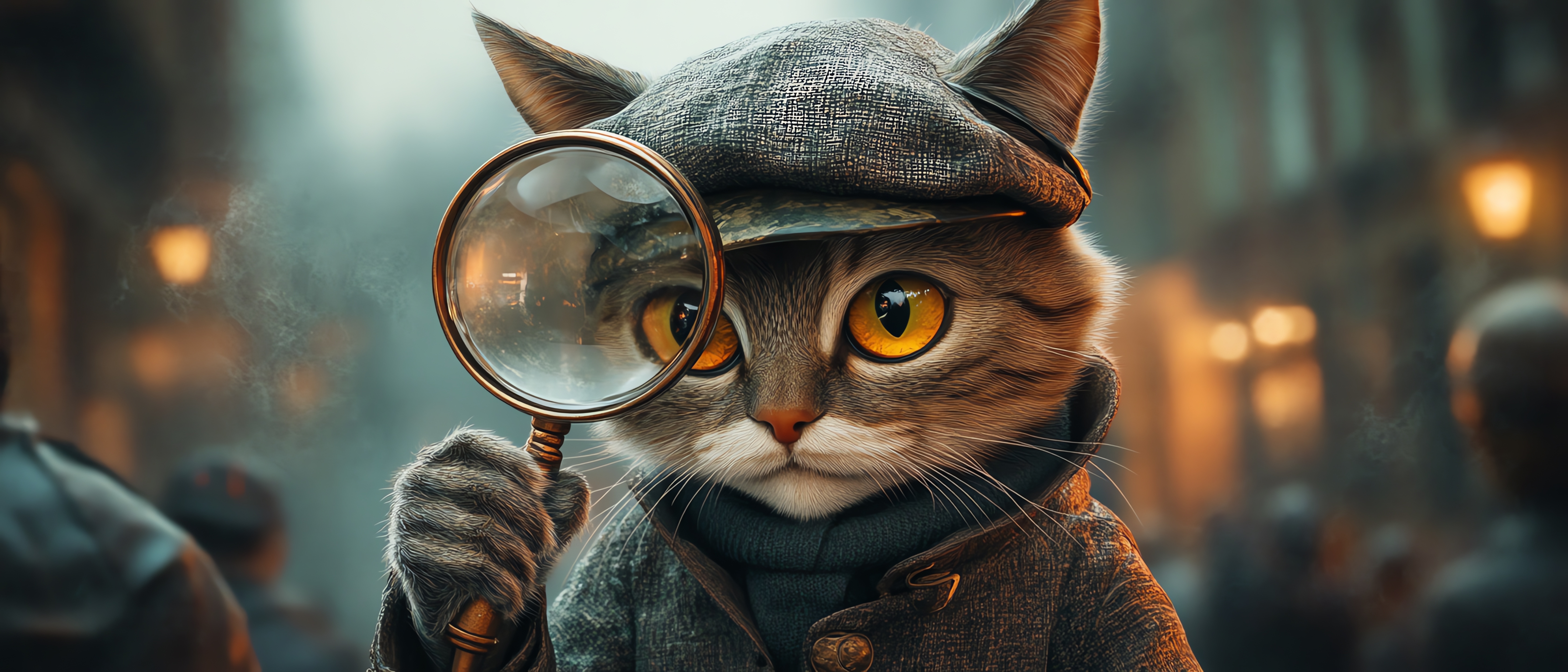 Illustration of a detective cat wearing a tweed cap and coat, holding a magnifying glass in a foggy street scene.