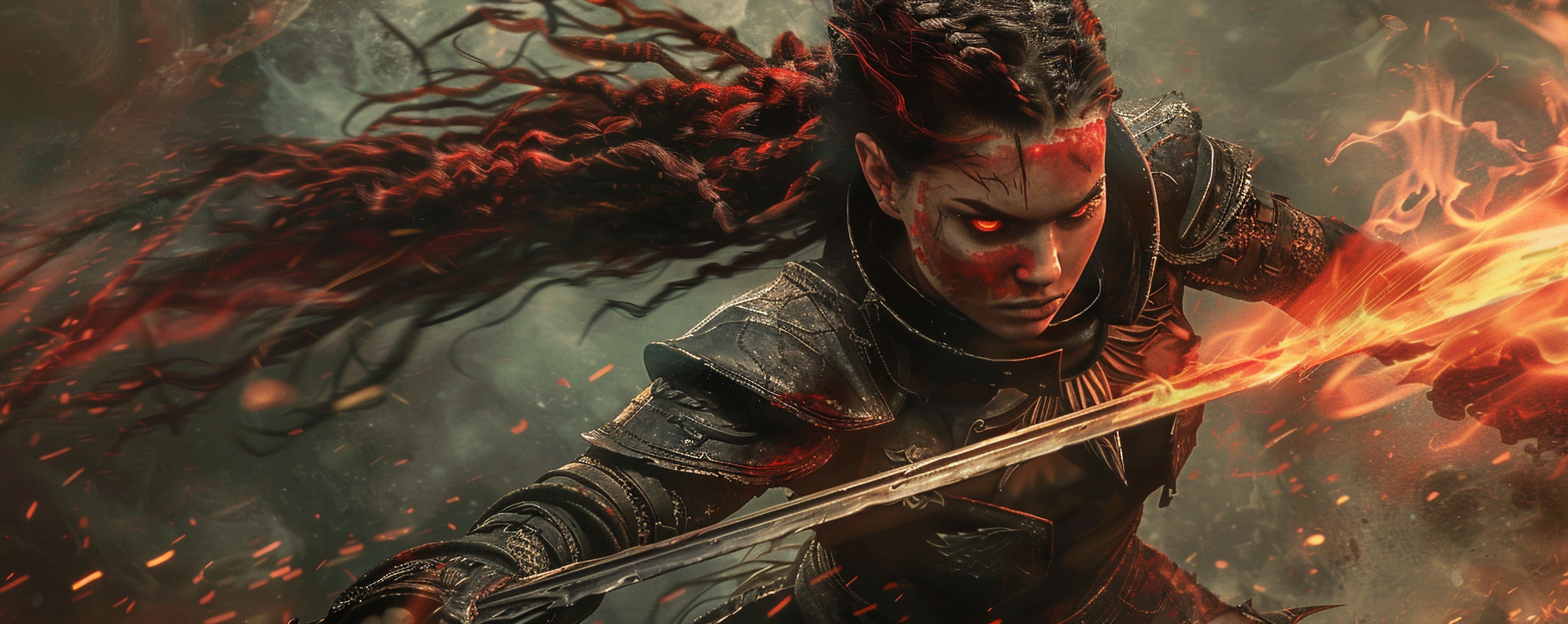 Half body shot of a female Thiefling with a dark fantasy vibe featuring black and red tribal hair devil tail in leather armor and brandishing a flaming sword