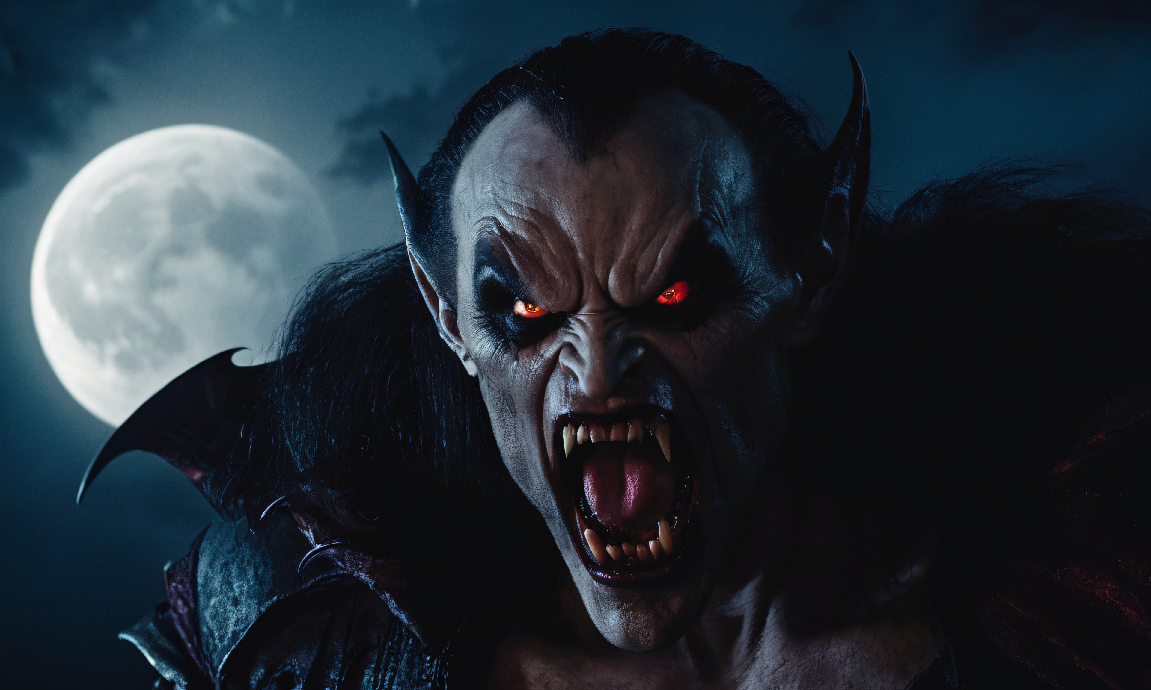 Terrifying vampire with glowing red eyes and fangs snarling under a full moon at night.