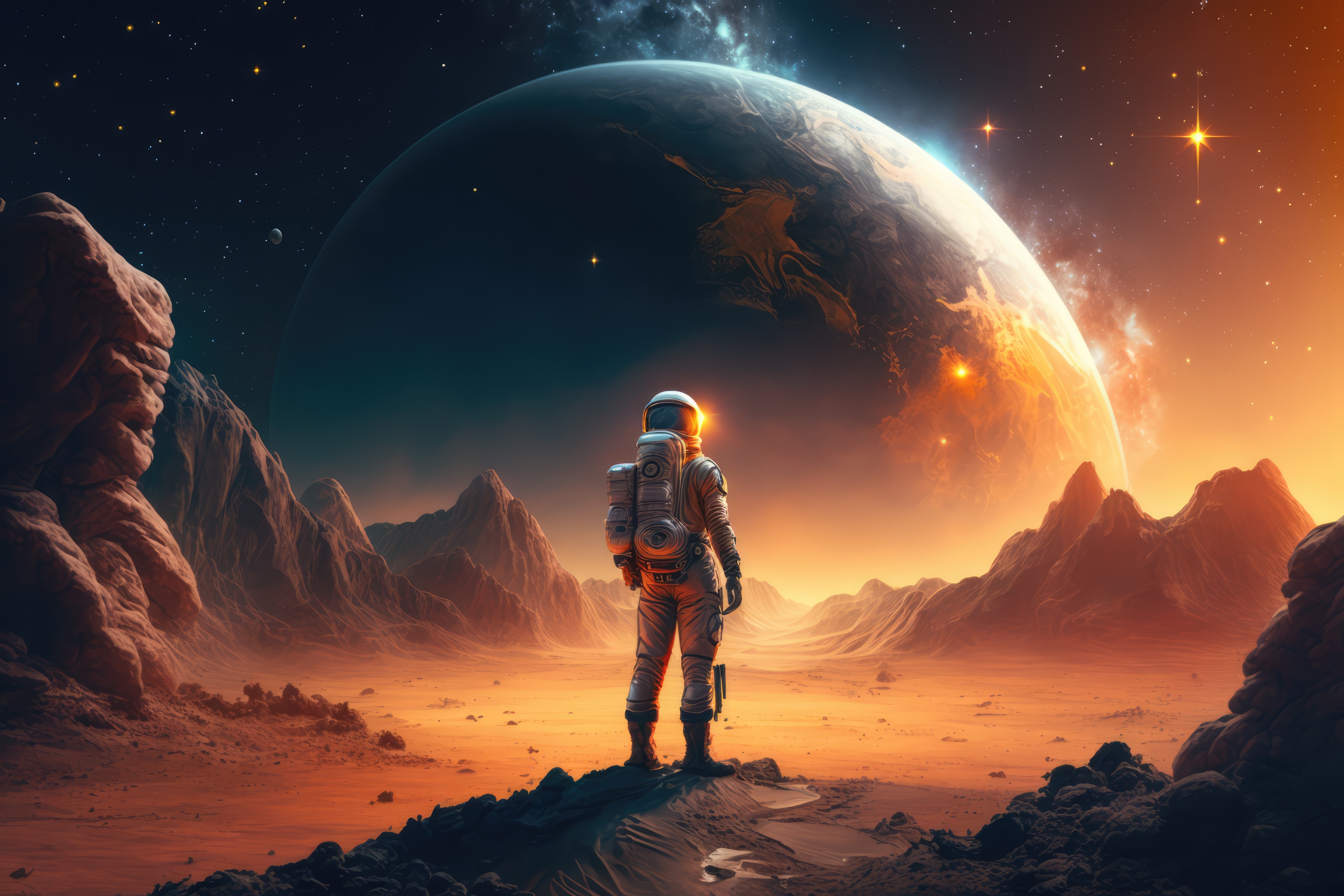 Astronaut and astronauts  exploring planets in outer space, made with generated ai